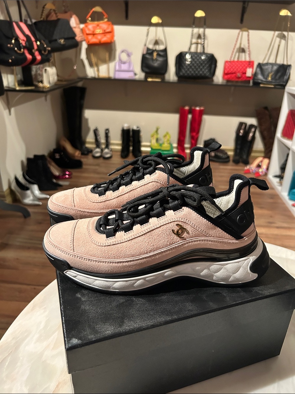 CHANEL Pink Suede and Black Trim Sneakers